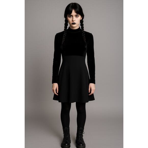 Ann Taylor Black Velvet Long Sleeves Dress 6 Goth Elegant Wednesday Minimalist - Picture 1 of 6